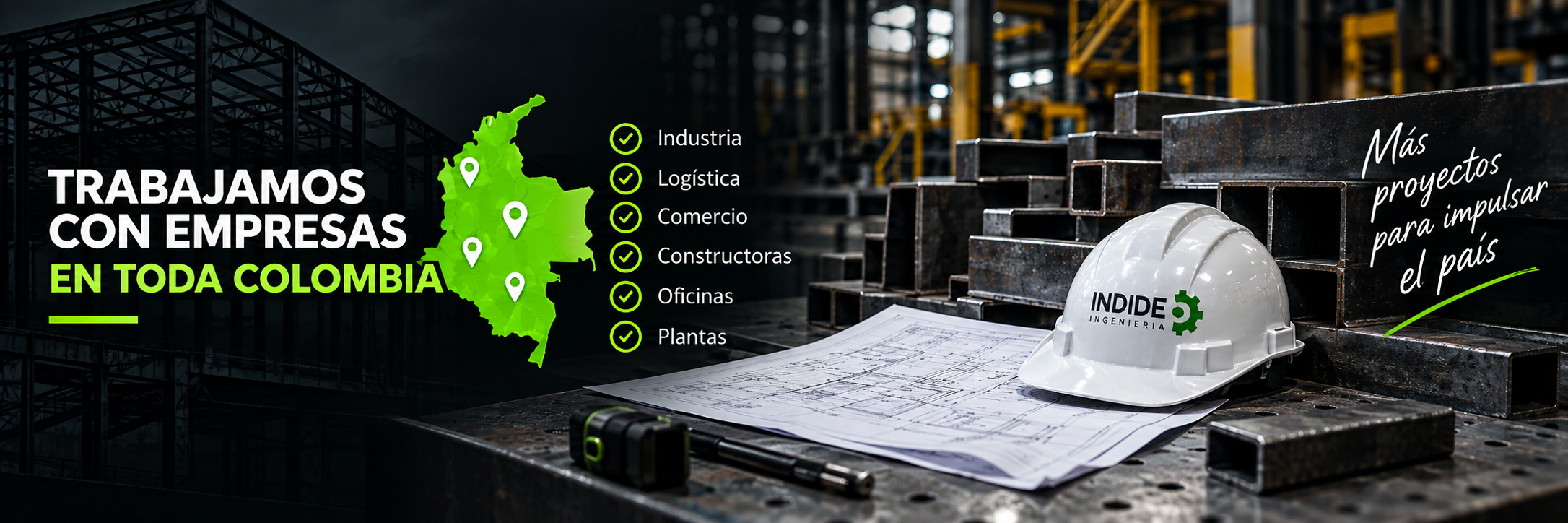 INDIDE Ingeniería y Dotaciones: soluciones en ingeniería industrial, estructuras metálicas, fabricación, soldadura, estantería, puertas automatizadas, adecuaciones, mobiliario industrial, uniformes, dotaciones empresariales, EPP, botas de seguridad, bordados y estampados en Bogotá y Colombia.