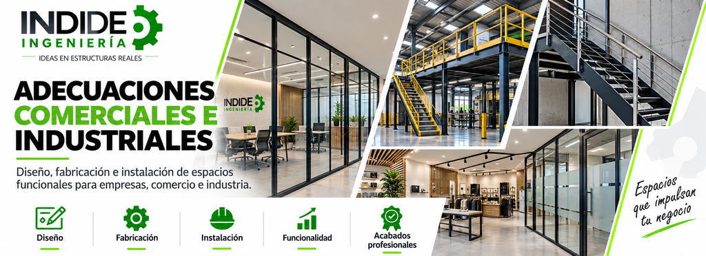 INDIDE Ingeniería y Dotaciones: soluciones en ingeniería industrial, estructuras metálicas, fabricación, soldadura, estantería, puertas automatizadas, adecuaciones, mobiliario industrial, uniformes, dotaciones empresariales, EPP, botas de seguridad, bordados y estampados en Bogotá y Colombia.