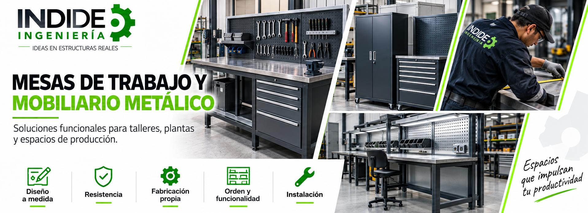 INDIDE Ingeniería y Dotaciones: soluciones en ingeniería industrial, estructuras metálicas, fabricación, soldadura, estantería, puertas automatizadas, adecuaciones, mobiliario industrial, uniformes, dotaciones empresariales, EPP, botas de seguridad, bordados y estampados en Bogotá y Colombia.