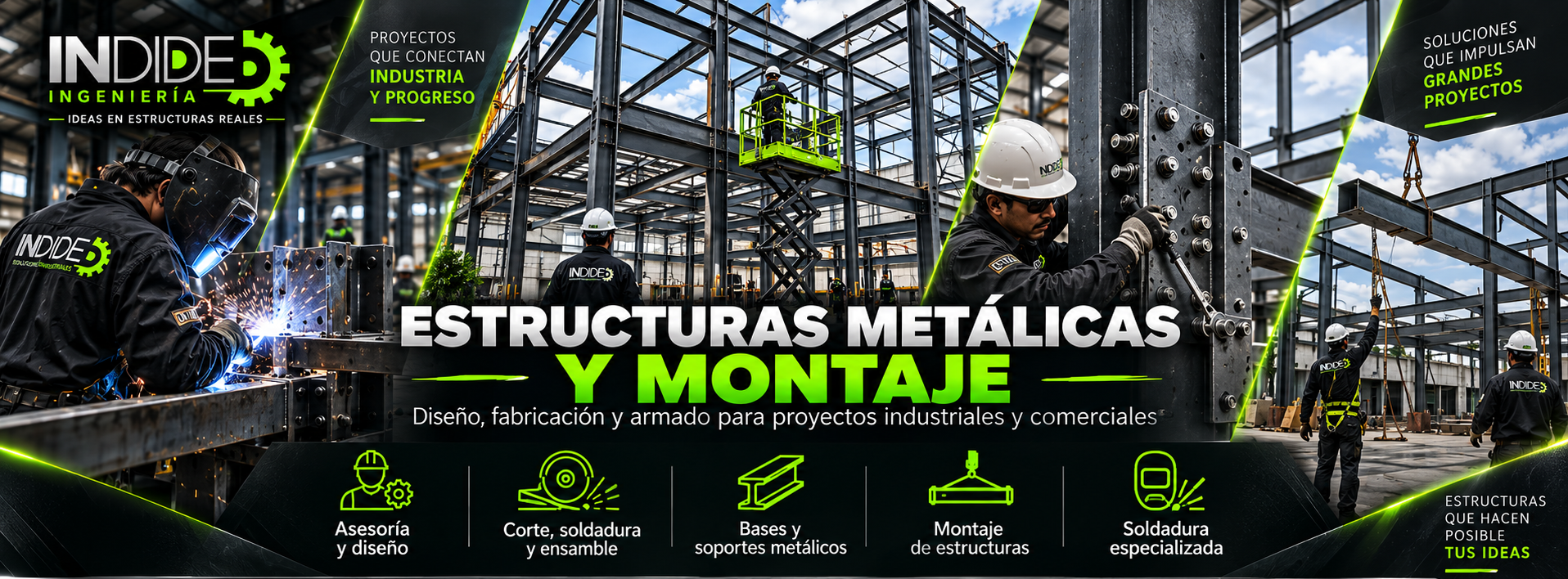 INDIDE Ingeniería y Dotaciones: soluciones en ingeniería industrial, estructuras metálicas, fabricación, soldadura, estantería, puertas automatizadas, adecuaciones, mobiliario industrial, uniformes, dotaciones empresariales, EPP, botas de seguridad, bordados y estampados en Bogotá y Colombia.