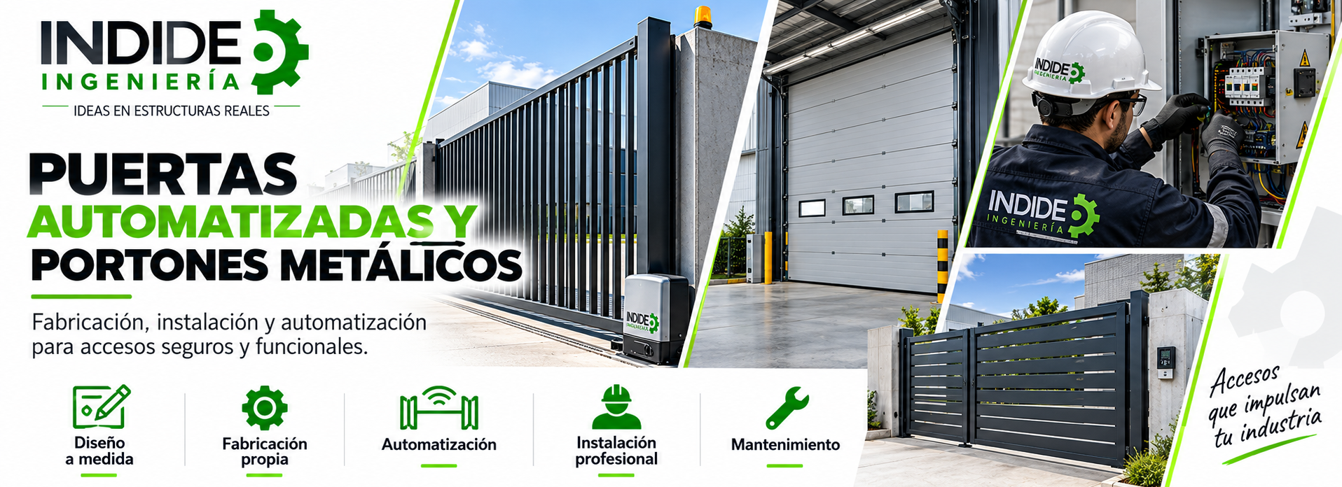 INDIDE Ingeniería y Dotaciones: soluciones en ingeniería industrial, estructuras metálicas, fabricación, soldadura, estantería, puertas automatizadas, adecuaciones, mobiliario industrial, uniformes, dotaciones empresariales, EPP, botas de seguridad, bordados y estampados en Bogotá y Colombia.